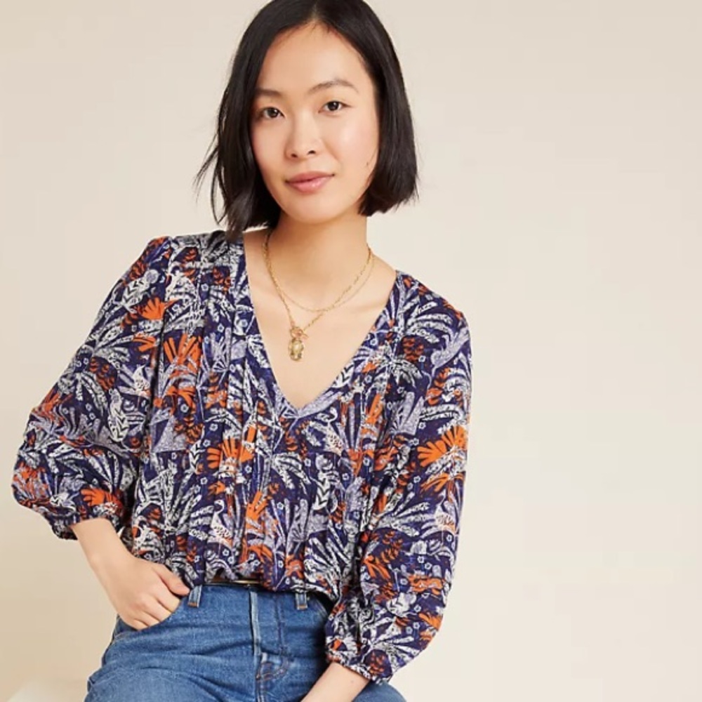 Maeve Anthropologie Cathy Pleated Blouse Top V-neck 3/4 Sleeves, Medium